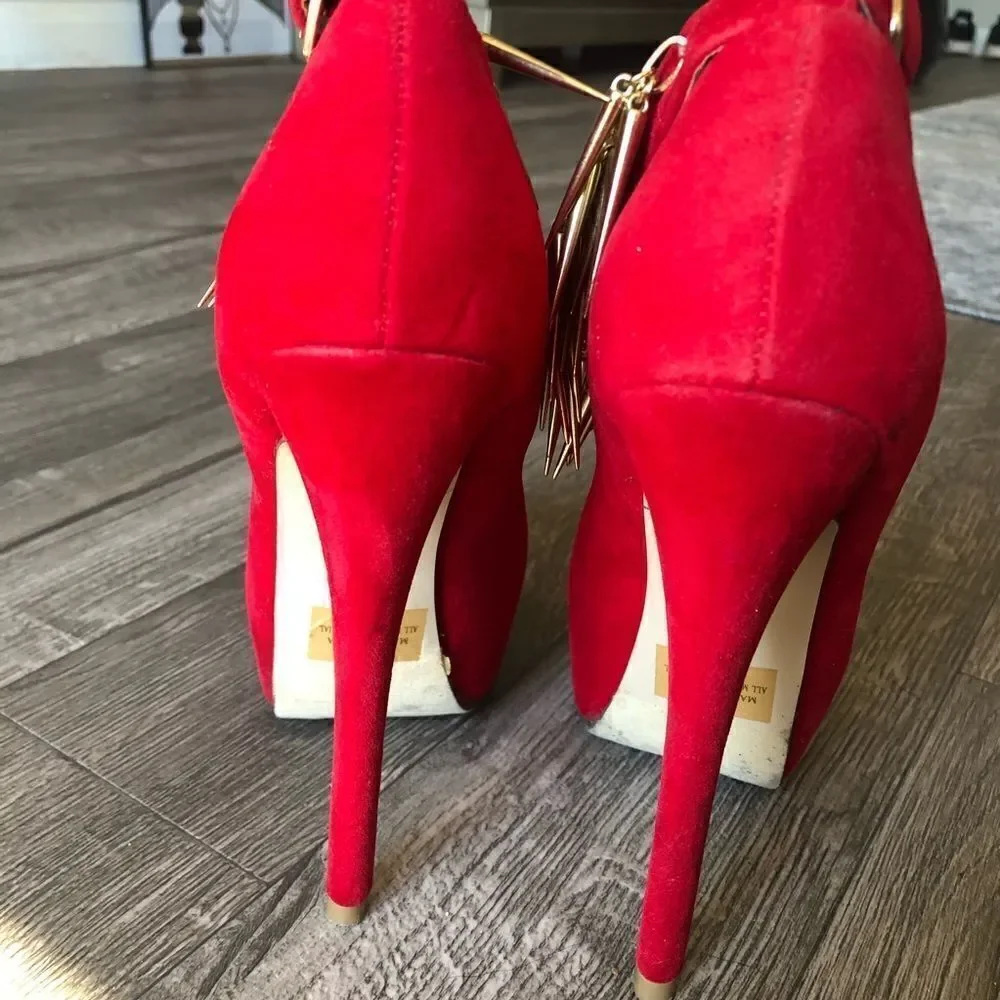 Styluxe Red Velvet Suede Platform Spike Ankle Strap Stiletto Heels